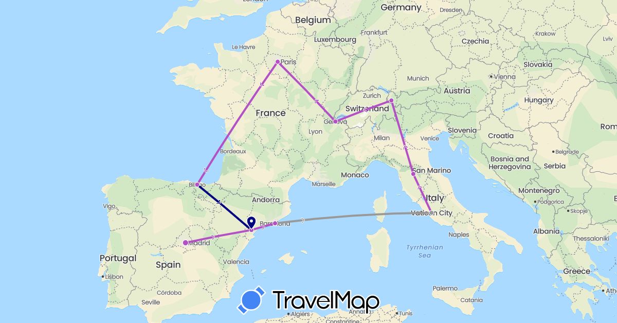 TravelMap itinerary: driving, plane, train in Austria, Switzerland, Spain, France, Italy, Vatican City (Europe)